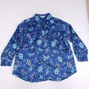 Woman Within Plus Size 18/20 Floral Button Up Blouse Navy Blue Long Sleeve Top